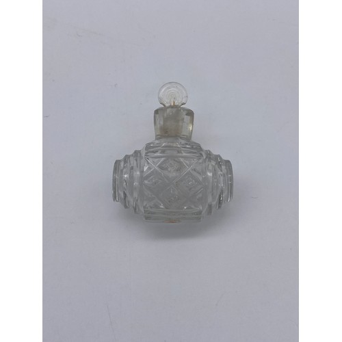 223 - CLEAR GLASS BARREL SHAPE SCENT BOTTLE, AND TWO ETCHED MOON FLASK SCENT BOTTLES