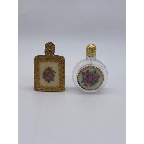 220 - WHITE METAL AND GILDED RENAISSANCE STYLE EWER SCENT BOTTLE AND TAPESTRY COVERED PANEL SCENT BOTTLES