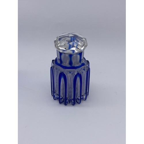 218 - BLUE AND CLEAR GLASS CYLINDRICAL SCENT BOTTLE WITH LATER STOPPER, AND A FRENCH BRISTOL BLUE GLASS BO... 