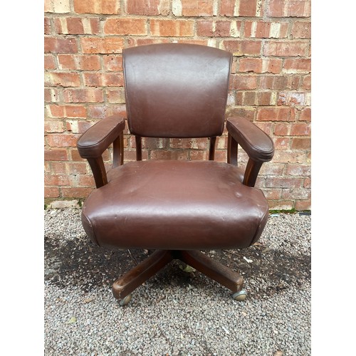 68 - EARLY 20TH CENTURY BROWN LEATHER UPHOLSTERED BARBERS SWIVEL CHAIR