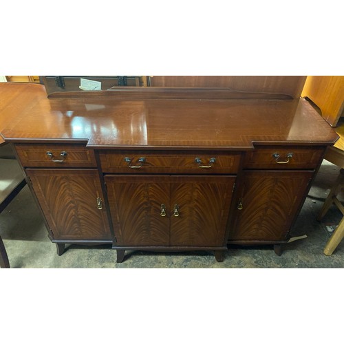 59 - MAHOGANY CROSS BANDED BREAKFRONT SIDEBOARD, DROP FLAP DINING TABLE AND FOUR LADDER BACK CHAIRS