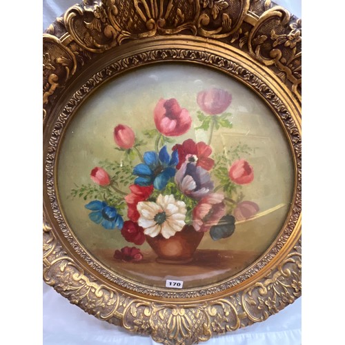 170 - SYDELLA OILS ON BOARD STILL LIFE VASE OF FLOWERS IN ORNATE GILT ROUND FRAME