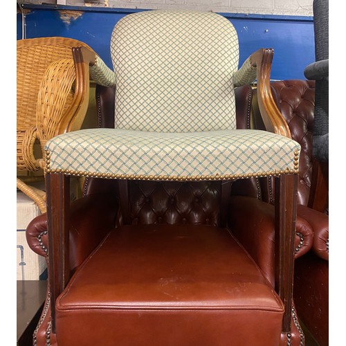 43 - GEORGE III STYLE MAHOGANY LOZENGE PATTERN UPHOLSTERED ELBOW CHAIR