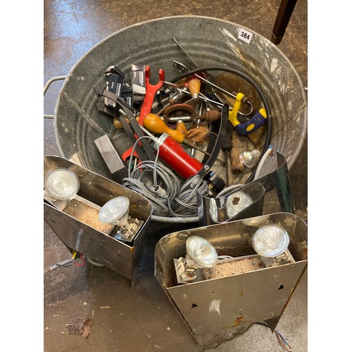 384 - GALVANISED WASH TUB CONTAINING TOOLS AND CHROME WALL UPLIGHTERS