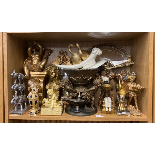 190 - SHELF OF RESIN GILDED CHERUB ORNAMENTS, LANCET MIRROR, CANDELABRUM, MIRRORED FAN