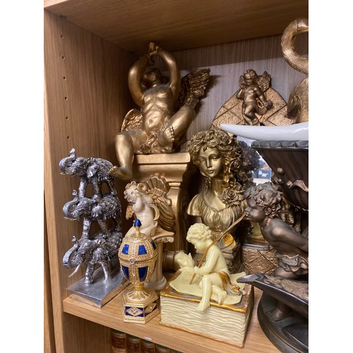 190 - SHELF OF RESIN GILDED CHERUB ORNAMENTS, LANCET MIRROR, CANDELABRUM, MIRRORED FAN