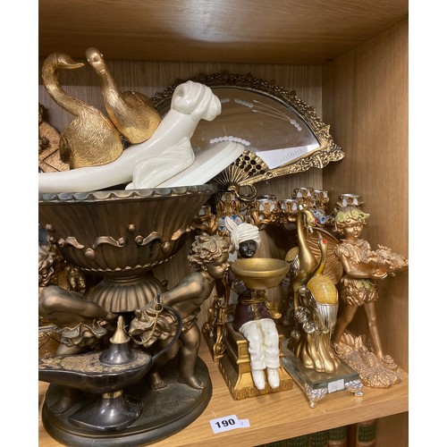 190 - SHELF OF RESIN GILDED CHERUB ORNAMENTS, LANCET MIRROR, CANDELABRUM, MIRRORED FAN