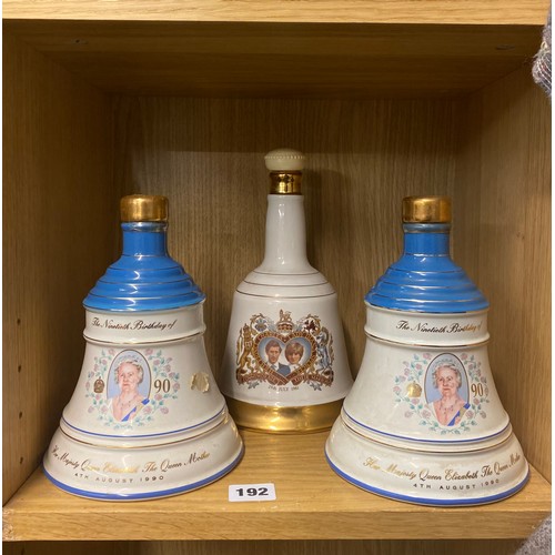 192 - THREE WADE ROYAL COMMEMORATIVE BELLS WHISKY DECANTERS