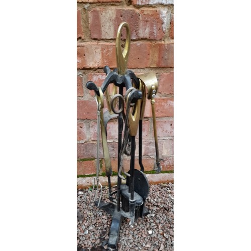 341 - TWO METALWARE COAL BINS AND COVERS, FOLDING FIRE SCREEN, COMPANIONS SET AND FIRESIDE BRASS FIGURE