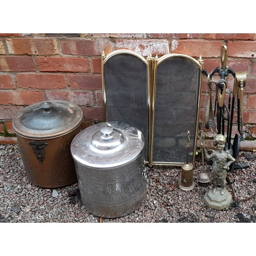 341 - TWO METALWARE COAL BINS AND COVERS, FOLDING FIRE SCREEN, COMPANIONS SET AND FIRESIDE BRASS FIGURE