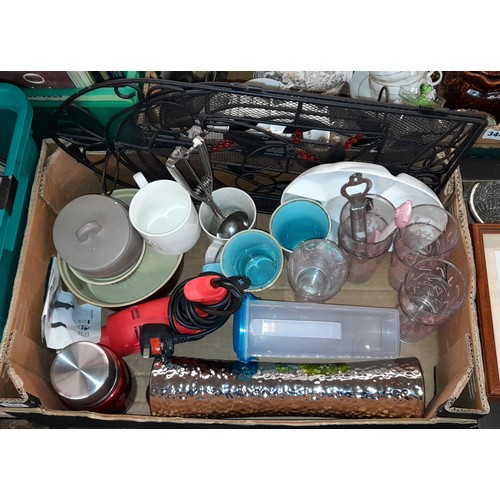 343 - BOX CONTAINING THERMOS, GLASS TUMBLERS, ELECTRIC DRILL, ETC