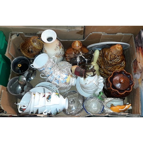 344 - BESWICK GLOSS PALAMINO HORSE, PEWTER TANKARDS, CRINOLINE LADY TEASET, MANDARIN STORAGE JARS, AND BOX... 