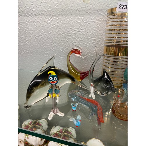 273 - HALF SHELF OF COLOURED GLASS PAPERWEIGHTS, MURANO ANIMAL FIGURES AND OTHER GLASSWARE