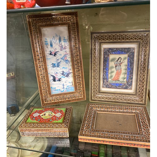 278 - QUANTITY OF DAMASCUS STYLE WOODEN EASEL BACK PHOTOGRAPH FRAMES, ENAMEL LOBED DISH AND LIDDED BOX