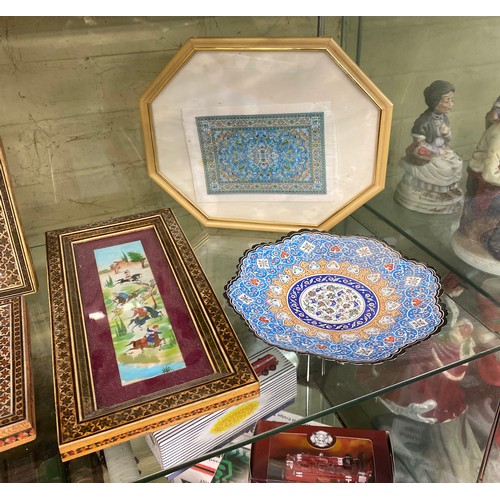 278 - QUANTITY OF DAMASCUS STYLE WOODEN EASEL BACK PHOTOGRAPH FRAMES, ENAMEL LOBED DISH AND LIDDED BOX