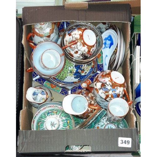 349 - BOX OF ORIENTAL EGG SHELL PORCELAIN TEAWARES AND RICE BOWLS AND COVERS