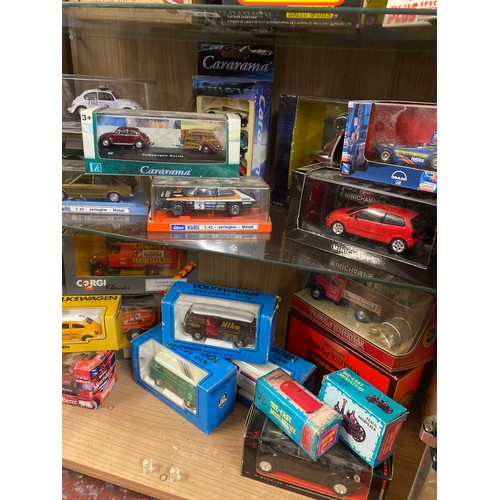 513 - THREE SHELVES OF MATCHBOX LLEDO CORGI DIE CAST MODEL CARS AND VINTAGE WAGONS