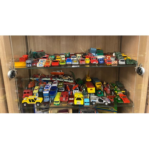 354 - SELECTION OF PLAYWORN DIE CAST MODEL CARS, TRUCKS, TRAILERS