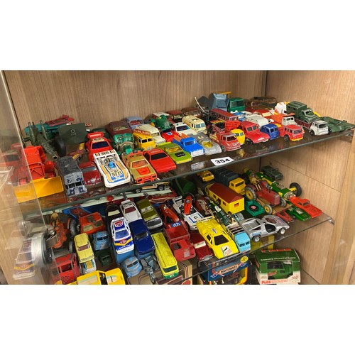 354 - SELECTION OF PLAYWORN DIE CAST MODEL CARS, TRUCKS, TRAILERS