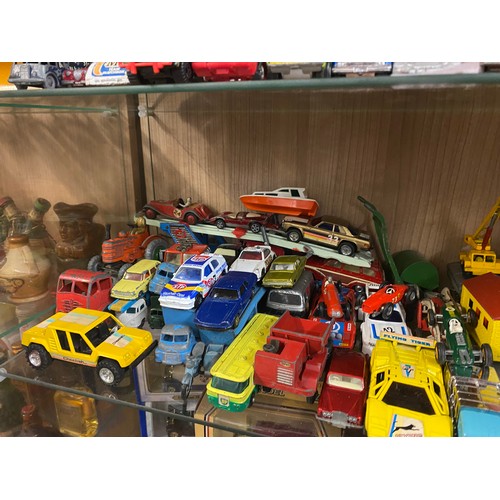 354 - SELECTION OF PLAYWORN DIE CAST MODEL CARS, TRUCKS, TRAILERS