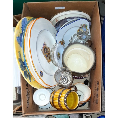 352 - BOX - ROYAL DOULTON AND BESWICK CHARACTER JUGS, ROYAL COMMEMORATIVE PLATES, SAUCERS AND GLASSWARE, W... 