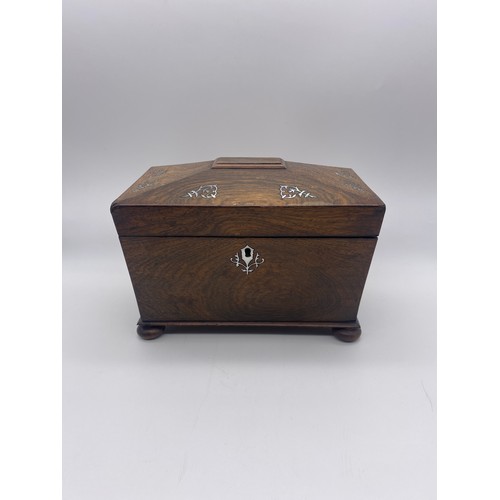 576 - REGENCY ROSEWOOD AND INLAID SARCOPHAGUS TEA CADDY