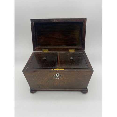 576 - REGENCY ROSEWOOD AND INLAID SARCOPHAGUS TEA CADDY