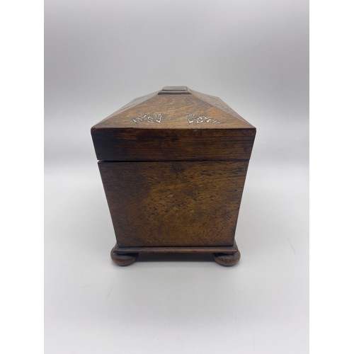 576 - REGENCY ROSEWOOD AND INLAID SARCOPHAGUS TEA CADDY