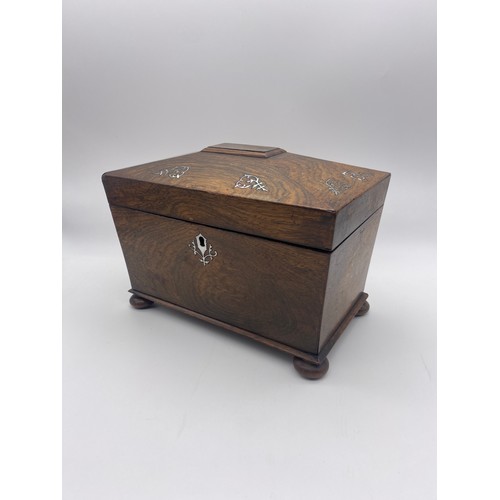 576 - REGENCY ROSEWOOD AND INLAID SARCOPHAGUS TEA CADDY