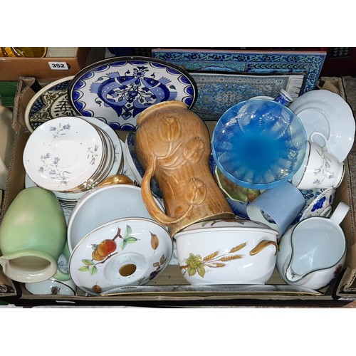 351 - TWO BOXES OF ASSORTED CERAMICS INCLUDING ROYAL WORCESTER EVESHAM TUREENS, LUSTRE EWER VASE, PERSIAN ... 