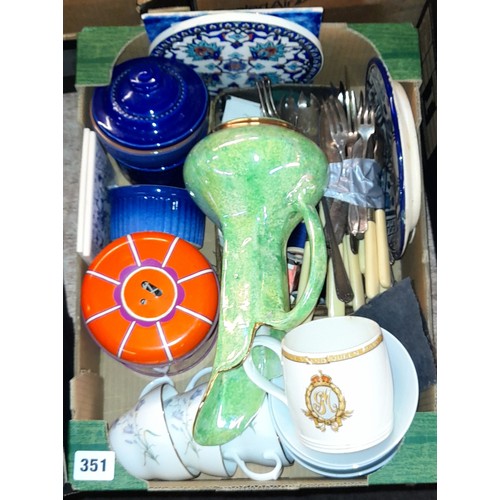 351 - TWO BOXES OF ASSORTED CERAMICS INCLUDING ROYAL WORCESTER EVESHAM TUREENS, LUSTRE EWER VASE, PERSIAN ... 