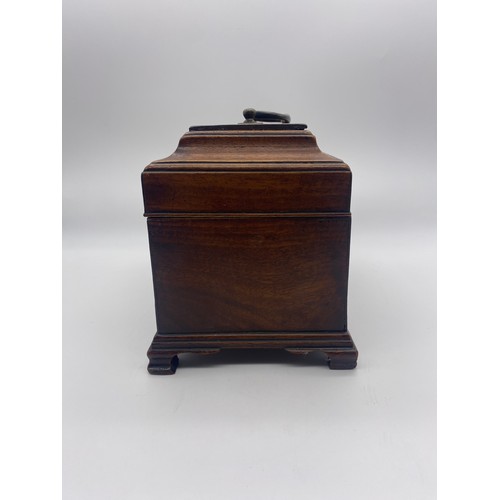 583 - MID 18TH CENTURY MAHOGANY TEA CADDY ON BRACKET FEET