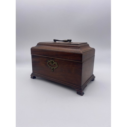 583 - MID 18TH CENTURY MAHOGANY TEA CADDY ON BRACKET FEET