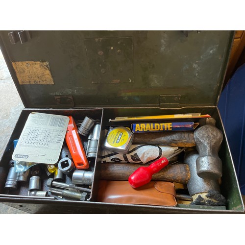 388 - METAL TIN OF VARIOUS TOOLS AND SOCKETS