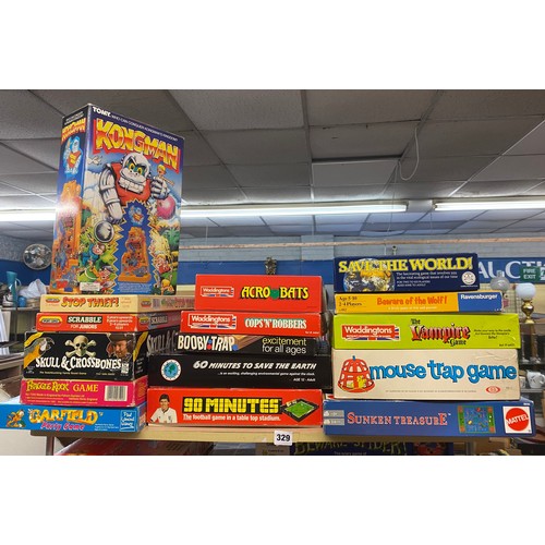 329 - SHELF OF BOARD GAMES, MOUSE TRAP, SKULL AND CROSSBONES