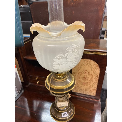 393 - ELECTRIFIED BRASS OIL LAMP WITH ETCHED SHADE