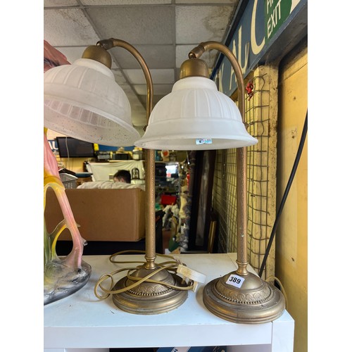 389 - PAIR OF BRASS AND GLASS SHADE TABLE LAMPS