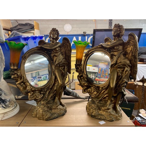 358 - PAIR OF RESIN GILDED ANGEL AND CHERUB MIRROR TABLE LAMPS WITH LILY SHADES