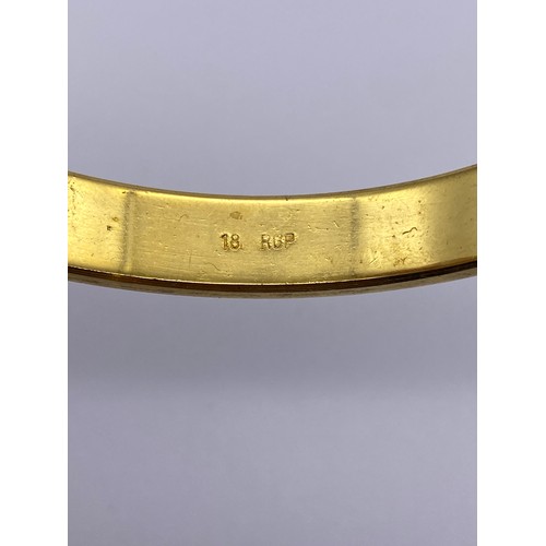 464 - ROLLED GOLD PLATED BLAZE CUT BANGLE WITH SAFETY CHAIN, AND 9CT GOLD LINK ID BRACELET (1.6G APPROX)