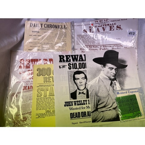 413 - THREE PERSPEX SLEEVES OF FACSIMILE AMERICAN REWARD POSTERS AND NEWSPAPER ARTICLES RELATED TO THE AME... 