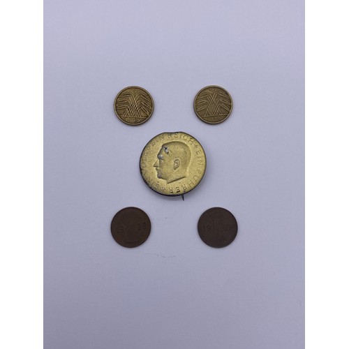 444 - ADOLF HITLER SUPPORTERS STICK PIN AND SOME GERMAN COINS