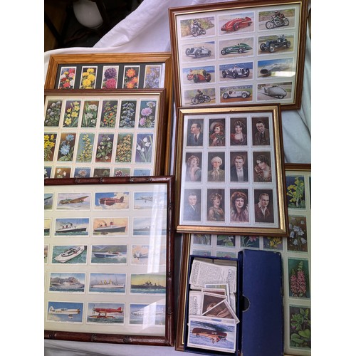 551 - SIX FRAMED CIGARETTE CARD COLLAGES AND BOX OF LOOSE CIGARETTE CARDS