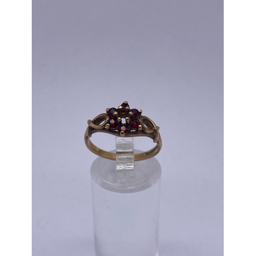 454 - 9CT GOLD GARNET CLUSTER DRESS RING 2G APPROX AND A 625 15CT GOLD CORAL AND SEED PEARL RING 1.4 APPRO... 