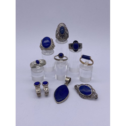 422A - SELECTION OF SILVER AND WHITE METAL SET LAPIS JEWELLERY INC. EARRINGS, BROOCH, PENDANT AND RINGS