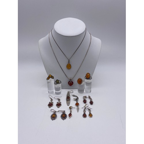 434 - SELECTION OF SILVER AND WHITE METAL AMBER DRESS JEWELLERY, EARRINGS, OVAL LOZENGE PENDANT ON CHAIN A... 