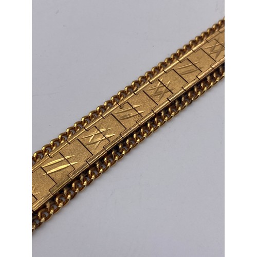 465 - TWO GOLD COLOURED BRACELETS AN ELASTICATED MESH BANGLE, AND MONET PLATED NECK CHAIN