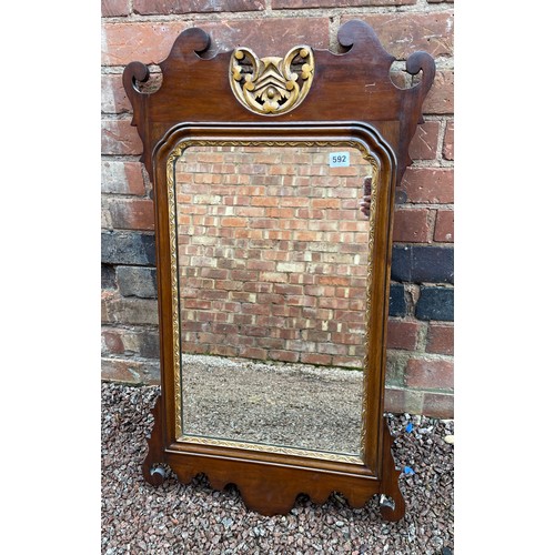 592 - MID 18TH CENTURY STYLE PARCEL GILT FRET CARVED MIRROR