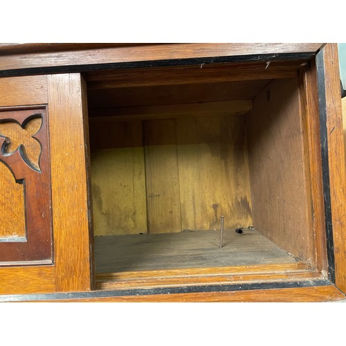 3 - VICTORIAN OAK AND WALNUT TRACERY FRONTED SLIDING DOOR CABINET