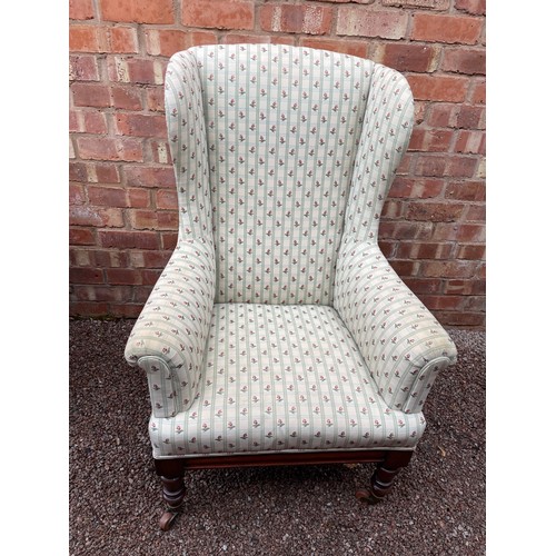 107 - WILLIAM IV MAHOGANY FRAMED HIGH BACK WING ARMCHAIR