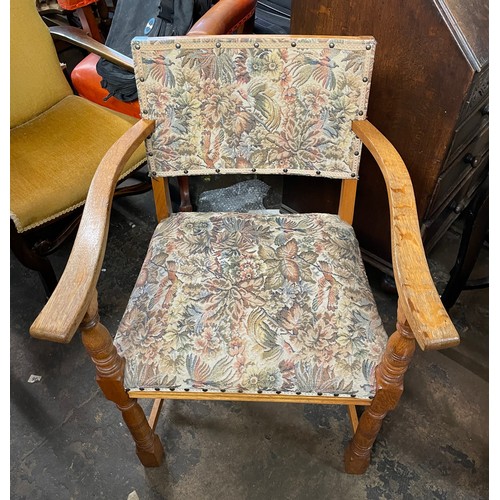 120 - OAK TAPESTRY PANELLED ELBOW CHAIR